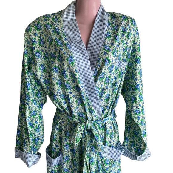 Vintage Victoria's Secret Robe Womens Medium Large Blue Floral Cotton Belted 90s - Picture 3 of 7